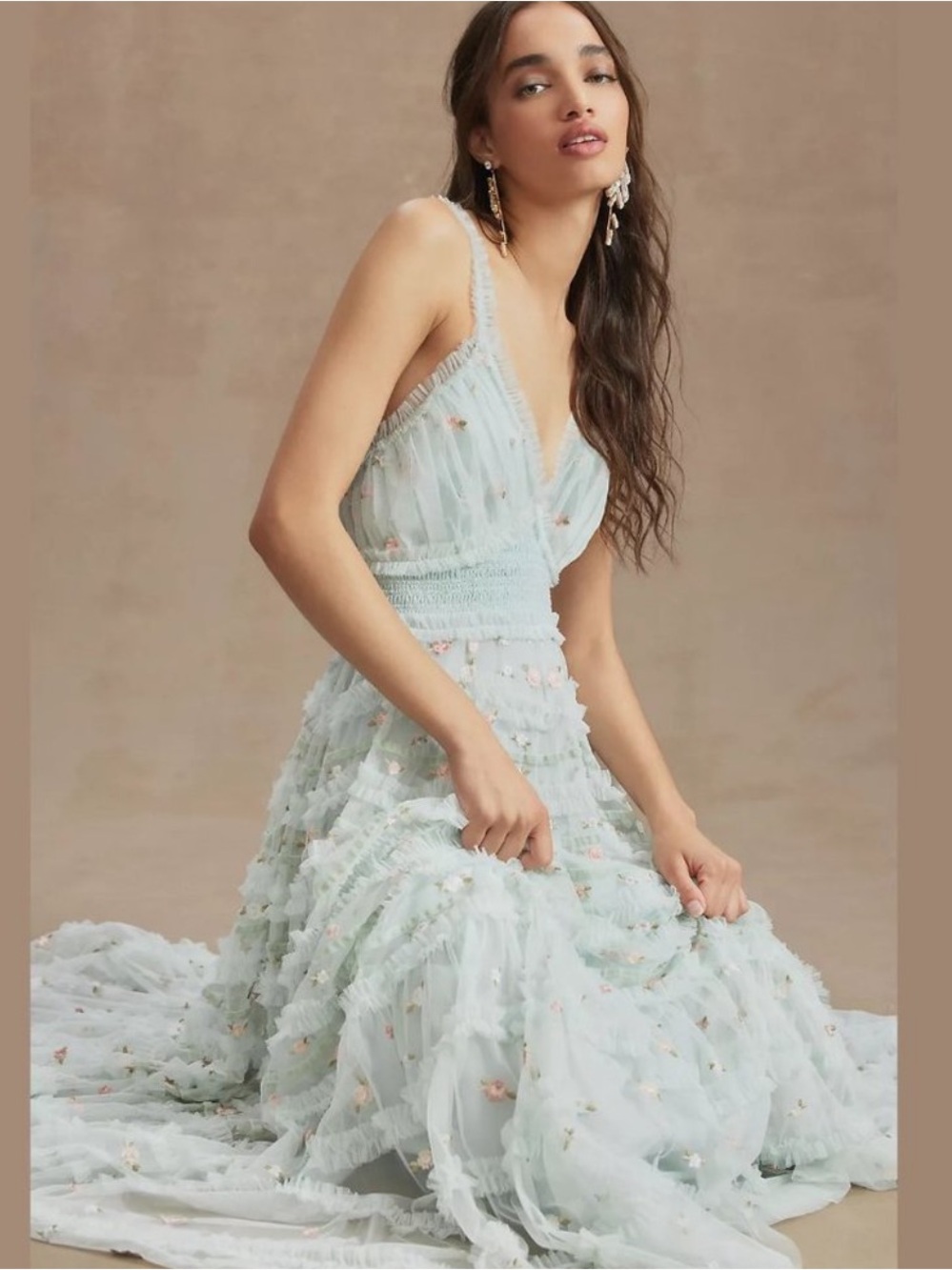 Mac Duggal Mint Strapless Ruffled Floral Dress
